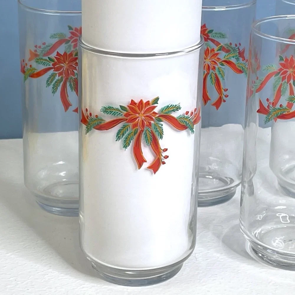 Vintage‎ Set of 5 Libbey Poinsettia & Ribbon 16 oz Cooler Glasses Glass Tumblers